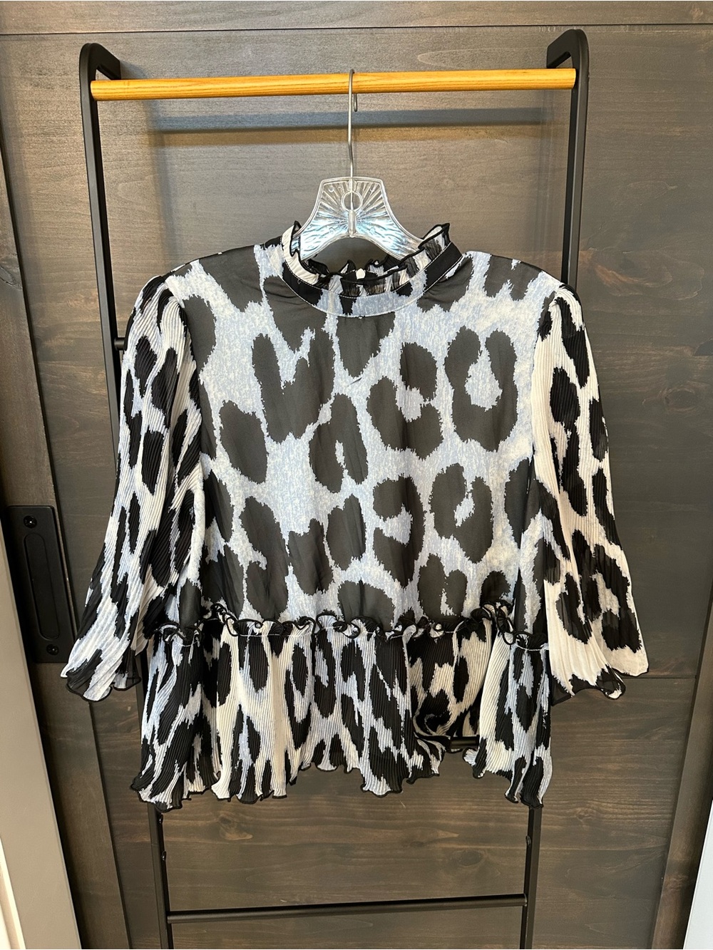 Ganni Black & White Leopard-Print Ruffle Blouse